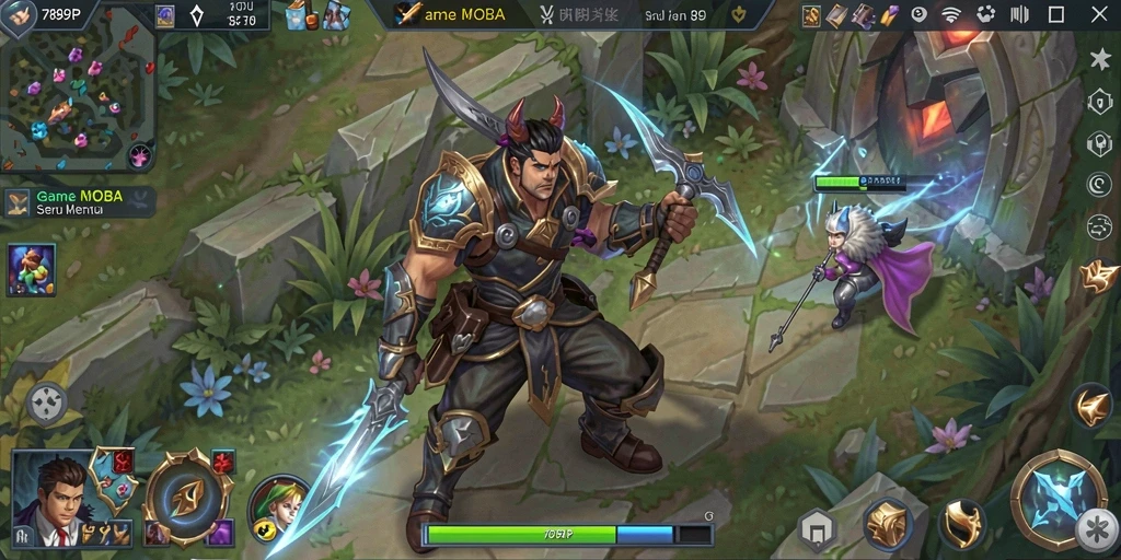 Screenshot gameplay <strong>789RP</strong> dengan karakter bertarung di arena MOBA.