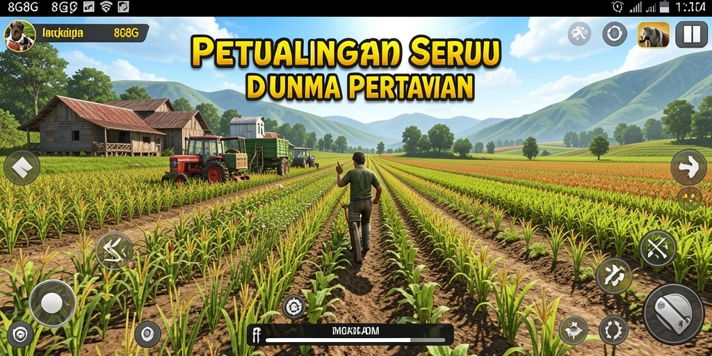 Screenshot gameplay <strong>8G8G</strong> yang menunjukkan suasana pertanian yang hidup.