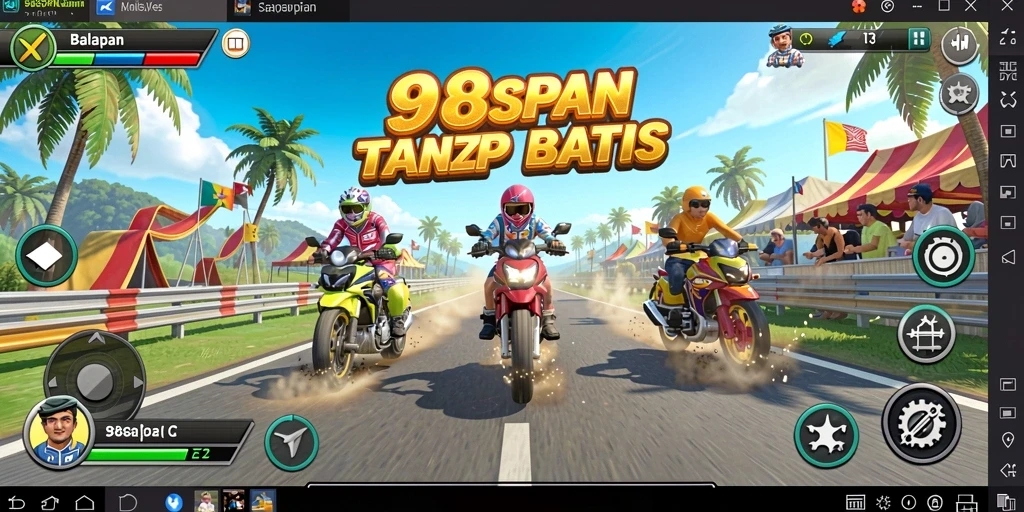 Tampilan balapan seru dalam 98SPIN dengan kendaraan yang melaju cepat.