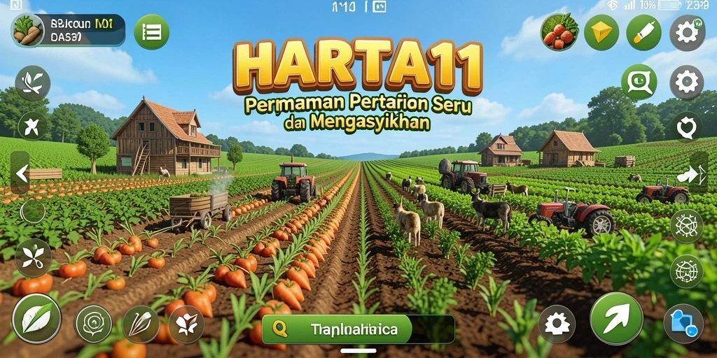 Tampilan gameplay HARTA11 dengan lahan pertanian yang subur dan aktif.