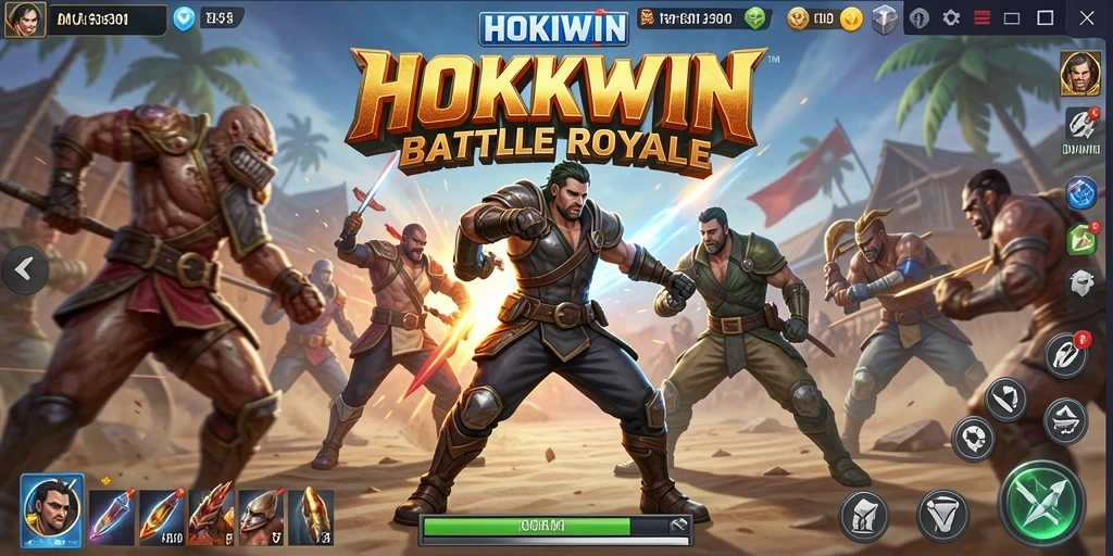 Screenshot gameplay HOKIWIN menampilkan aksi pertarungan Battle Royale yang seru.