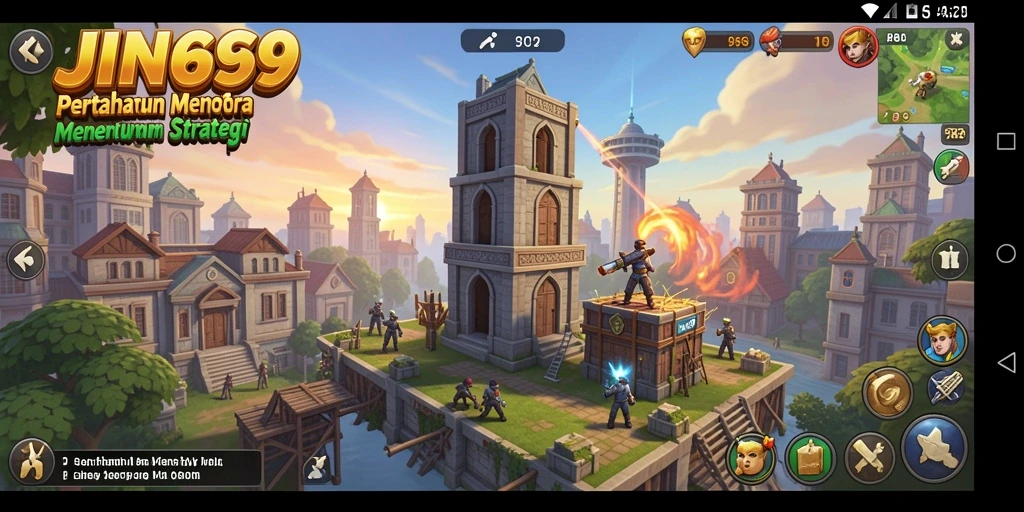 Screenshot gameplay JIN69 menampilkan aksi menara dan strategi bertahan.