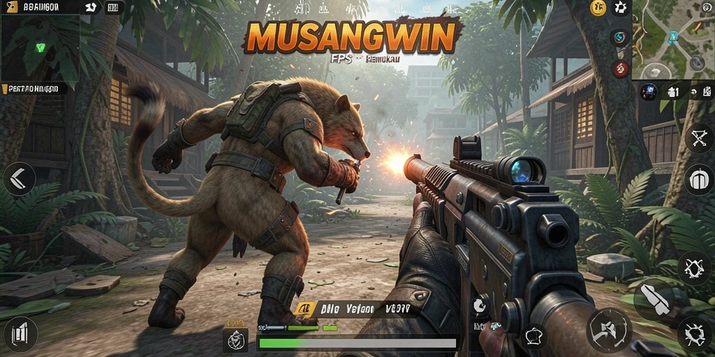 Screenshot gameplay intens dari MUSANGWIN dengan aksi tembak-menembak.