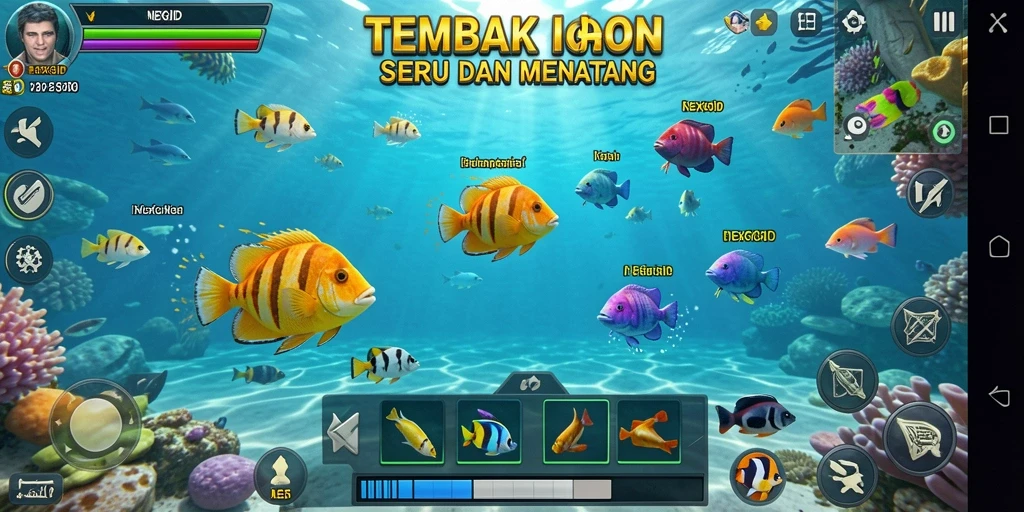 Screenshot utama NEXGID menampilkan aksi menembak ikan yang seru.
