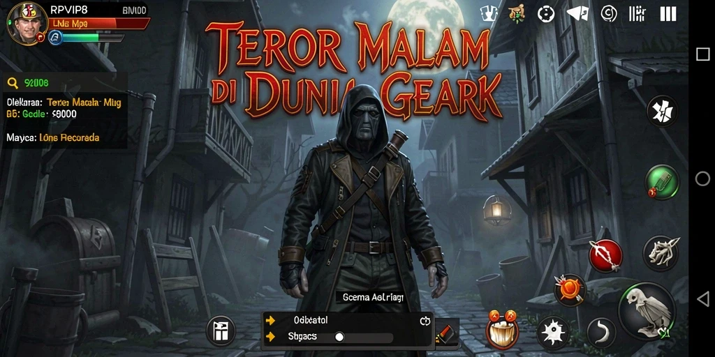 Gambaran gameplay RPVIP8 yang menyeramkan dalam suasana gelap.