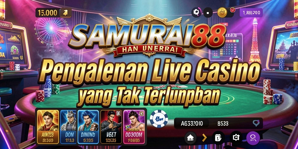 Screenshot dari gameplay <strong>SAMURAI88</strong> menunjukkan dealer langsung dan suasana kasino yang nyata.