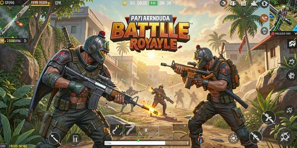 Tampilan gameplay intens dalam pertempuran Battle Royale yang mendebarkan.