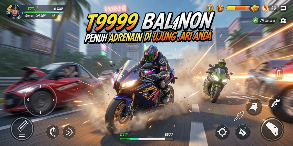Screenshot gameplay T9999 menampilkan aksi balapan motor yang seru.